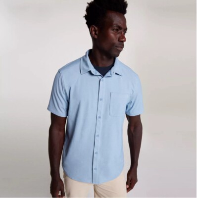 VRST Men's Refined Knit Short Sleeve Button Up Collared Shirt Muted Denim Small