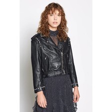 Joie Humla Zip-front Pearlescent-stud Moto Lamb Leather Jacket In Caviar Size Xs
