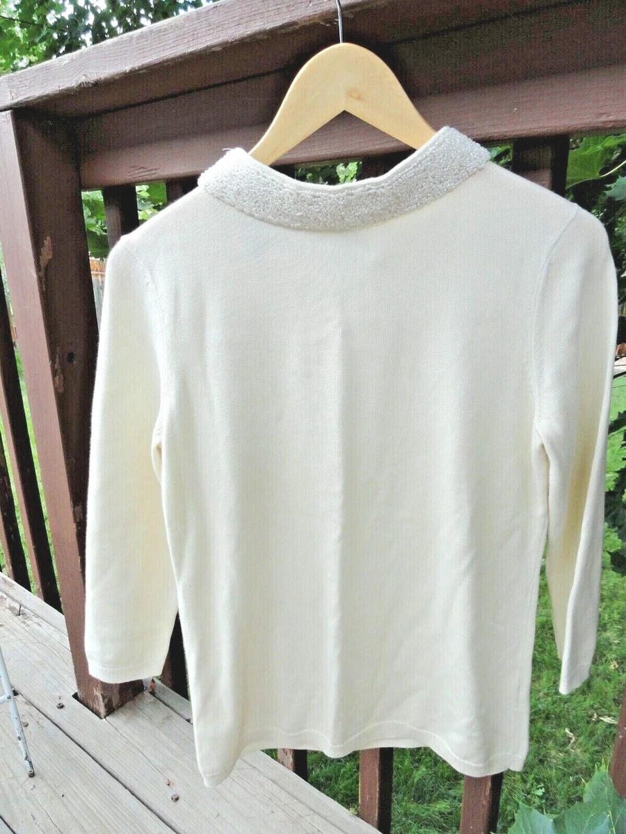 Talbots Ivory Sweater White Beaded Pearl Elegant Collar Women s