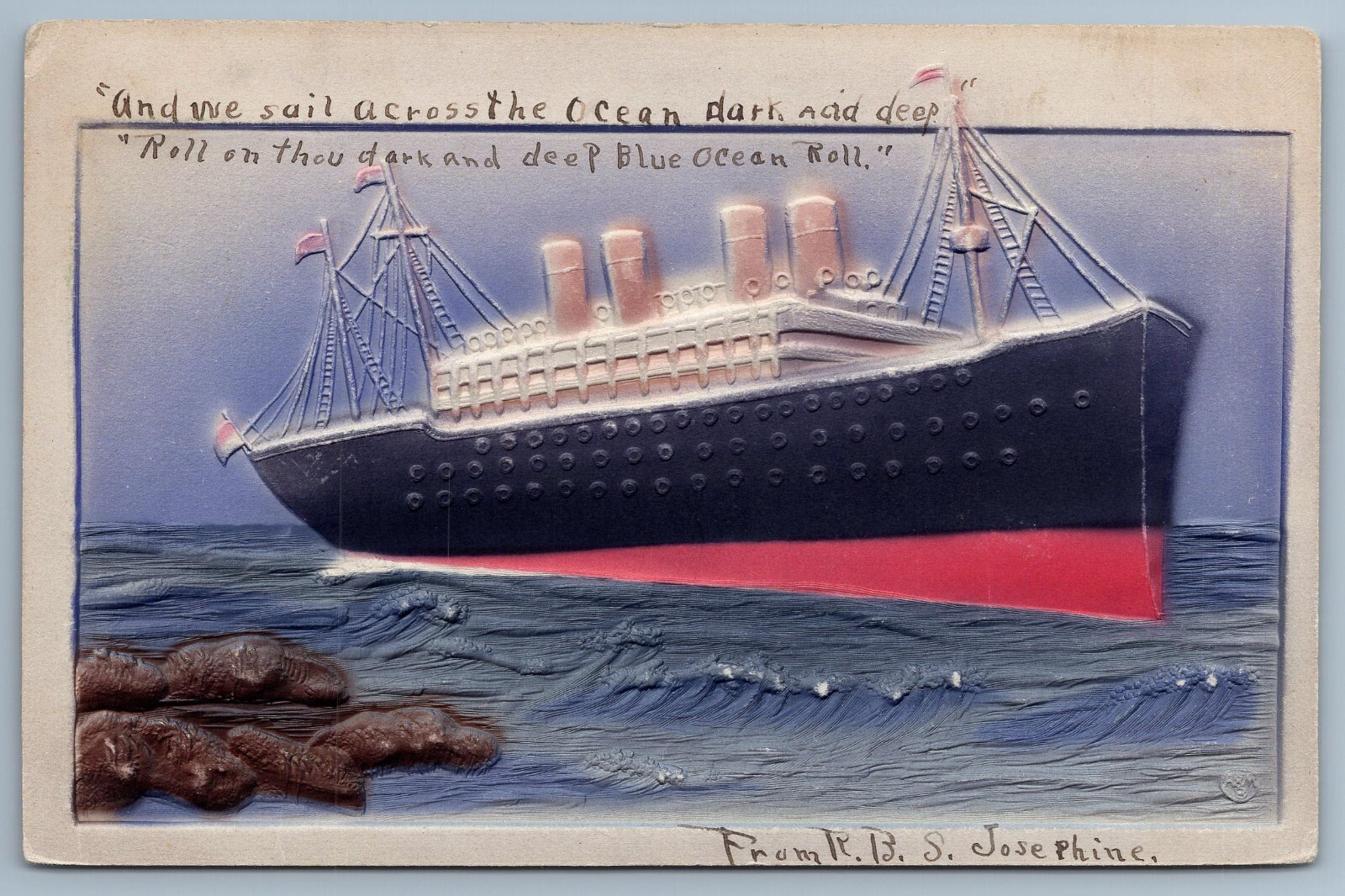 Vintage 1910 Deep Blue Ocean Steamship Embossed Airbrushed Postcard C4