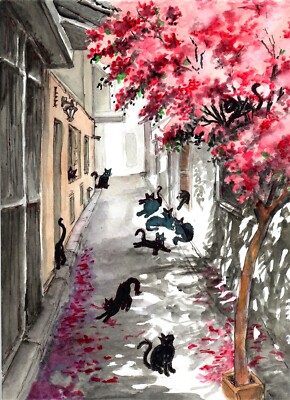 Cats In A Flowered Alley, Cat Art, Cat Wall Decor, Black Cat Art, Flower Art- DS
