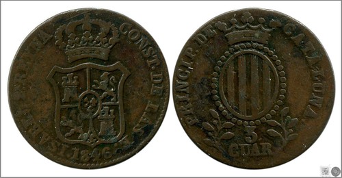 Spain Isabel II 3 Quartos 1846 Catalonia Cu BC+ / F+ 152