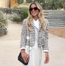 ZARA TEXTURED TWEED PLAID JACKET JEWEL BUTTON WHITE GRAY XS,S,M,L NWT