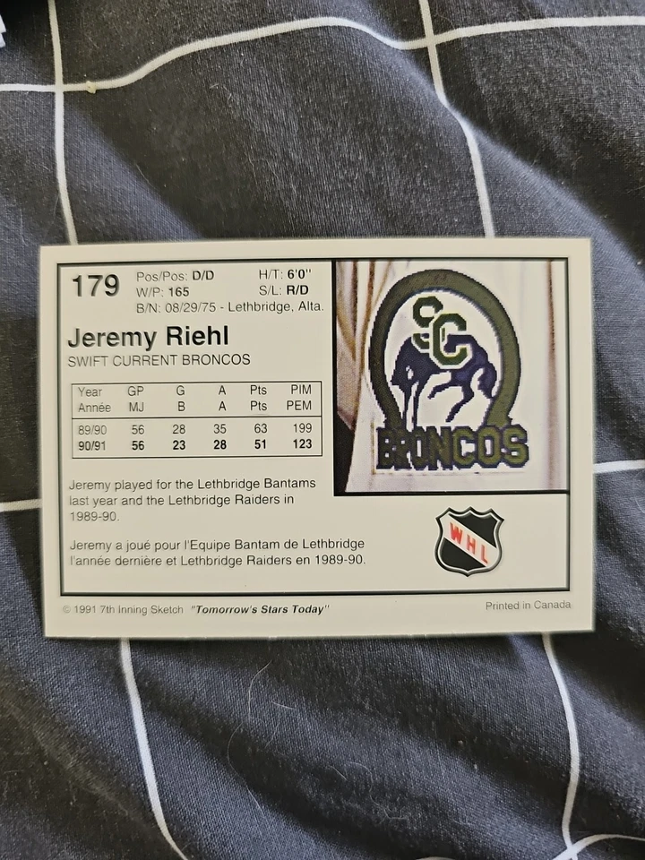 1991 7th Inning Sketch WHL  #179 Jeremy Riehl - Swift Current Broncos - Image 2 of 2