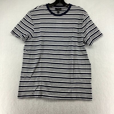 New Look Mens Striped Short Sleeve Crew Neck Navy Blue White T Shirt Size Large