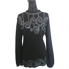 Vintage De Rotchild Black  Sequined & Beaded Silk, Angora Blend Sweater Size M