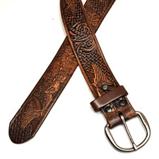 Vintage Tooled Leather Belt Bald Eagle KM627 Men's XL Patriotic USA Biker Brown