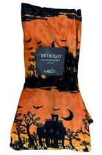 Witchcraft Halloween Orange Black Haunted Houses Bats Throw Blanket 50 x 60 NWT