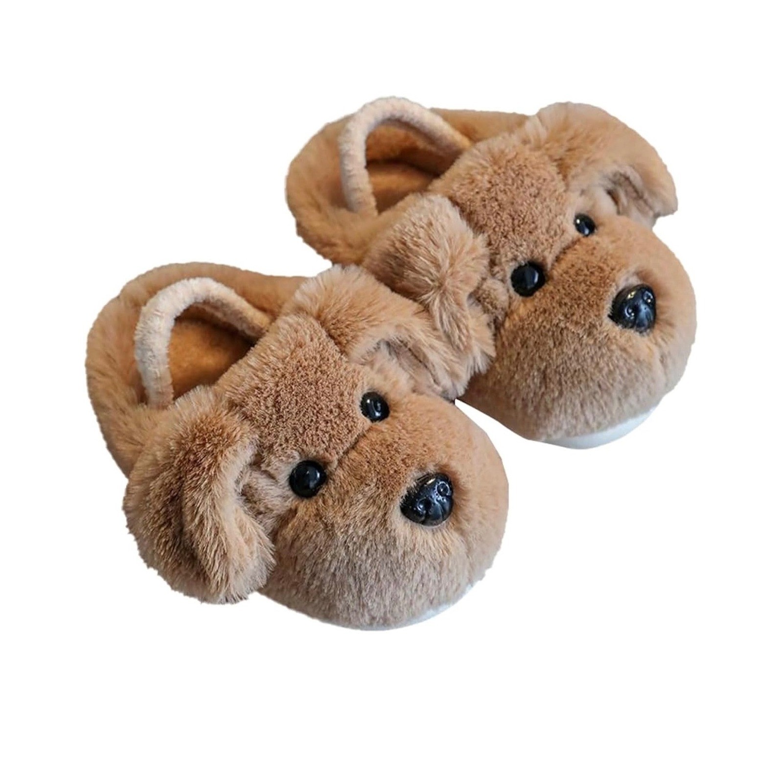 Kids Puppy Dog Plush Slippers Tan Brown Faux Fur Elastic Strap Toddler