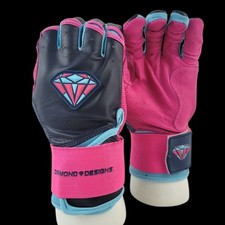 DIAMOND DESIGNS Baseball Batting Gloves Long Cuff Blue Pink Cabretta Leather Sm