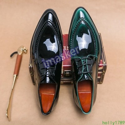Men Patent Leather Dress Shoes Pointed Toe Lace Up Flats Party Footwear