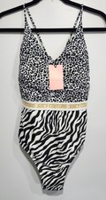 Juicy Couture Gold Logo One Piece Swimsuit V-Neck Leopard Zebra Size Medium $98 