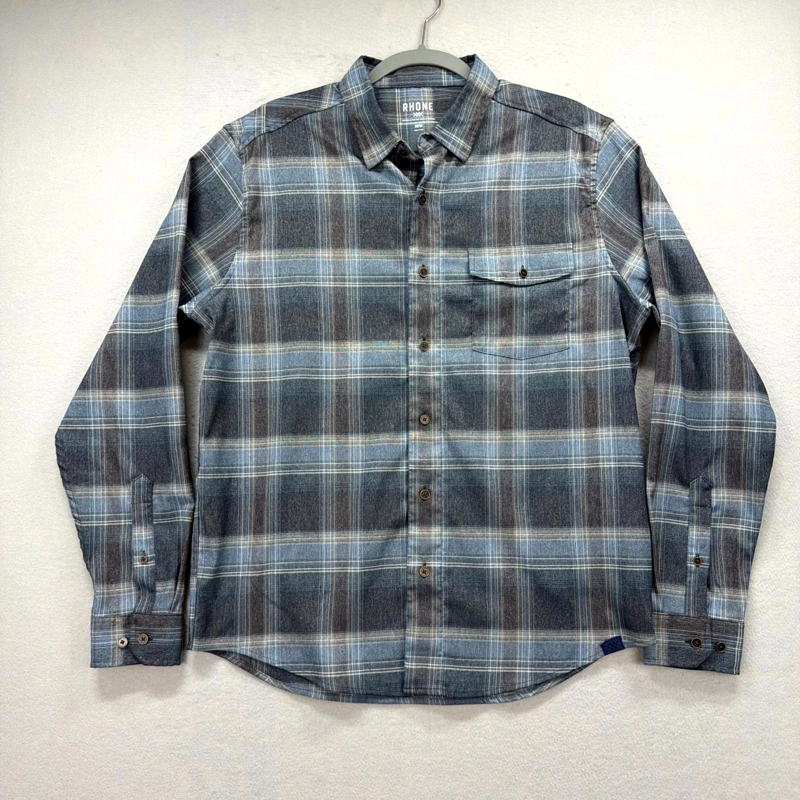 Rhone Performance Flannel Shirt Mens Medium Gray Plaid Long Sleeve Button Up