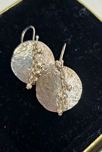 Vintage Sterling Silver 925 Hammered Circle Disc Dangle Chain Earrings