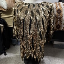 Antique 100 Silk Blouse Lining Gold Sequins Beaded Semi Sheer Fairy Hem Top