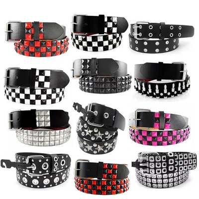 Punk Rock Silver Black Metal Rivets Pyramid Studs Black Leather Belt with Buckle