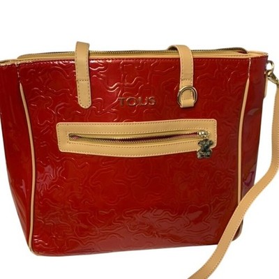 TOUS Red Patent Embossed Tote Crossbody Bag  Beige Trim Zip