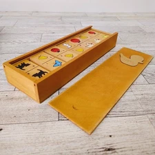 Vintage Childrens Wood Dominoes Set Animals in Wooden Case Insects Animals Birds