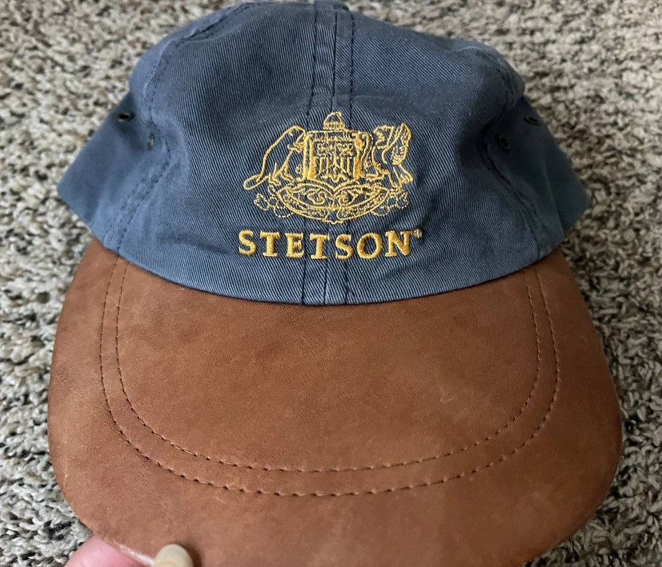 Gorra Stetson Ball Cap Talla 7 1/4 Azul Lona Cuero Ala Sombrero Hecho en EE. UU. Foto 2 de 4
