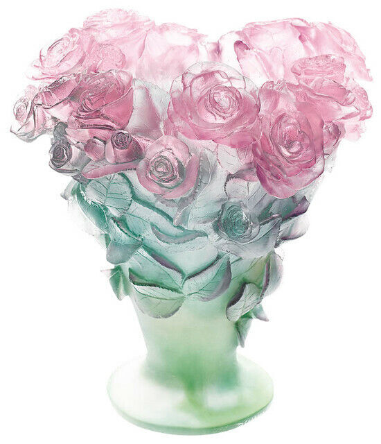 NEW DAUM CRYSTAL ROSES VASE GREEN & PINK LARGE #03547 BRAND NIB