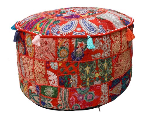 22" Indien Vintage Patchwork Handmade Pouffe Ottoman Footstool Pouf Cover Red - Picture 3 of 6