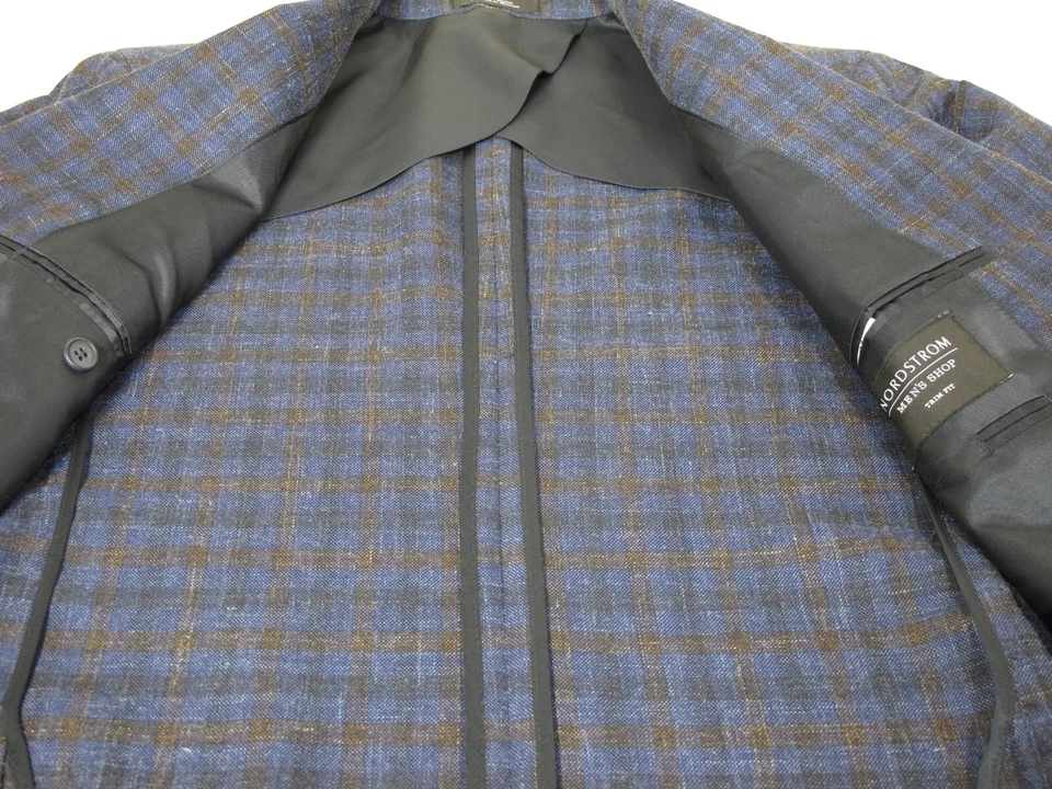 Nordstrom Navy Brown Check Sport Coat 40S Wool Linen Silk Zegna Tie - Image 4 of 4