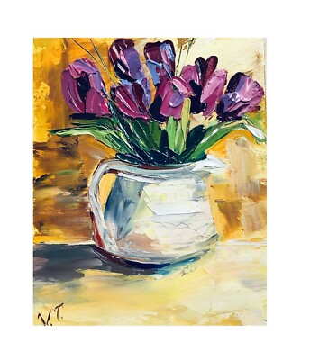 Abstract Spring Tulips Original Oil Painting Impasto Art Work 9 by 12 inches.