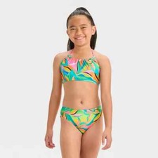 Cat  Jack Girls Size 6/7 Tropic Sunset Bikini Swim Set Tropical Leaf 2pc