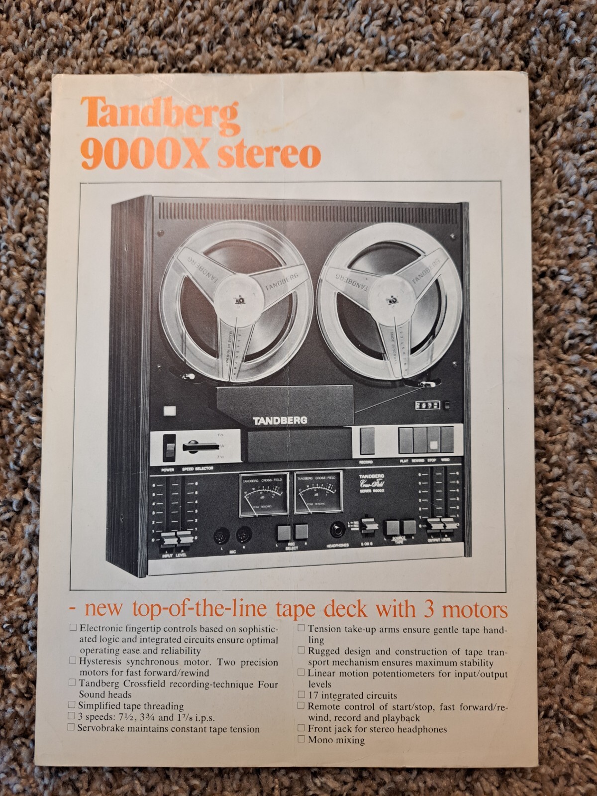 ORGINIAL Tandberg 9000x Stereo Tape Deck  Dealer Spec Sheet Ad Reel to Reel