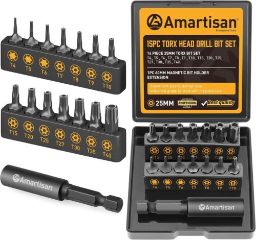 15 Pcs Security Torx Bit Set 1" Long T4 - T40 Tamper Resistant Star Bits Set 1/4