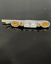 VINTAGE HAIR PIN RHINESTONE ORANGE CLEAR SILVER TONE BOBBY PIN CLIP