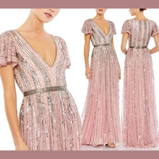 NWT $498 Mac Duggal [ 10 ] Striped Sequined V-Neck A Line Gown Pink #G1744