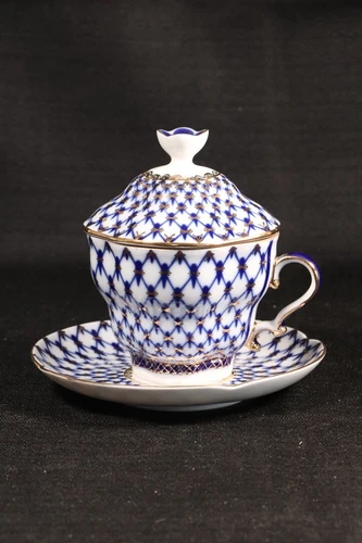 Gold Cobalt Net Cup with Lid and Saucer  Imperial Lomonosov Porcelain, beautiful