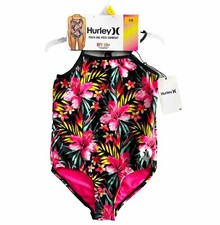 Hurley Swimsuit Girls Size 5/6 One-Piece Tropical Hawaiian Print Black Pink NWT