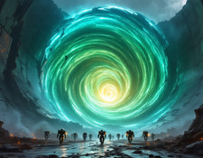 Robots Emerge from a Green Portal in a Barren Landscape Poster Print 18 x 24 in