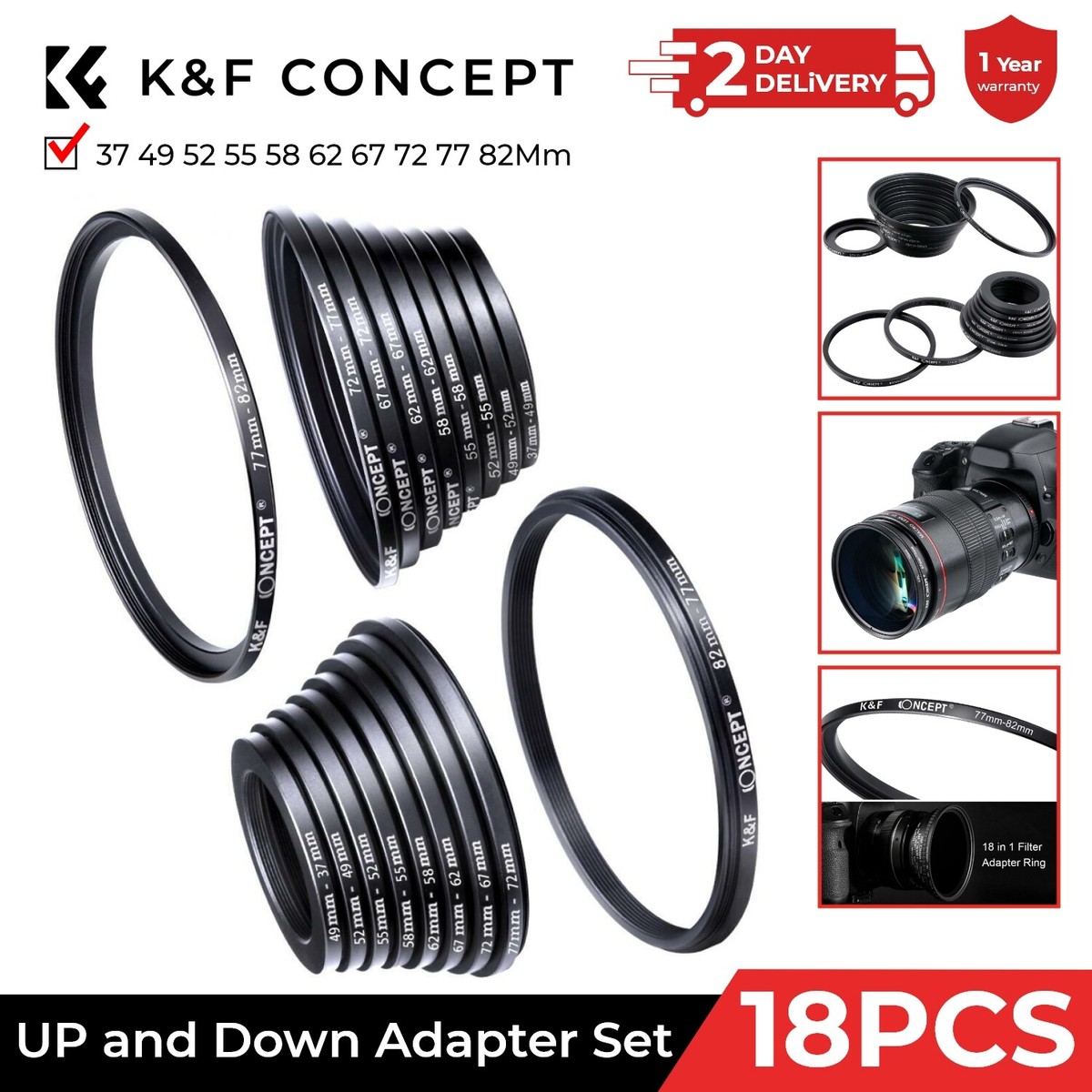 K&F Concept 18PCS Lens Filter Stepping UP and Down Rings Adapter