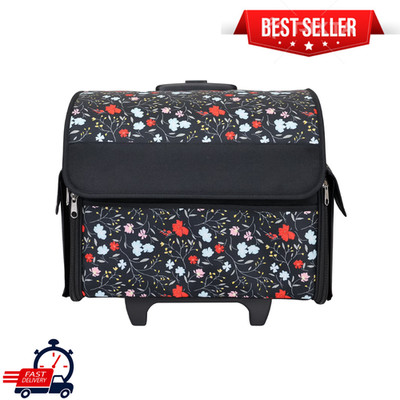 Everything Mary Rolling Sewing Machine Tote Bag Wheels Craft Storage, Red Floral