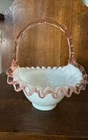 Vintage Fenton Rose Spanish Crest Basket Pink 7-Inch Ruffled Edge Milk Glass