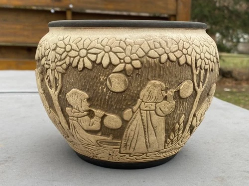 Weller Burntwood Dechiwo Ceramic Jardiniere Planter With Children 1910’s