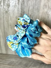 Satin Blue Scrunchies OOAK Handmade Floral Gingham Sparkles Set Of Two