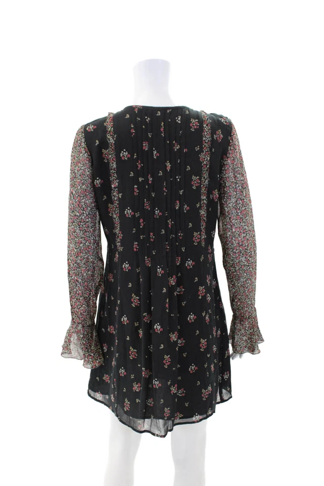 Vestido recto Joie para mujer de seda floral con volantes cuello redondo manga larga negro talla S Foto 3 de 4