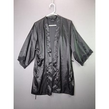 Frederick's of Hollywood Satin Robe Kimono Lace Trim Large Black Floral Lingerie