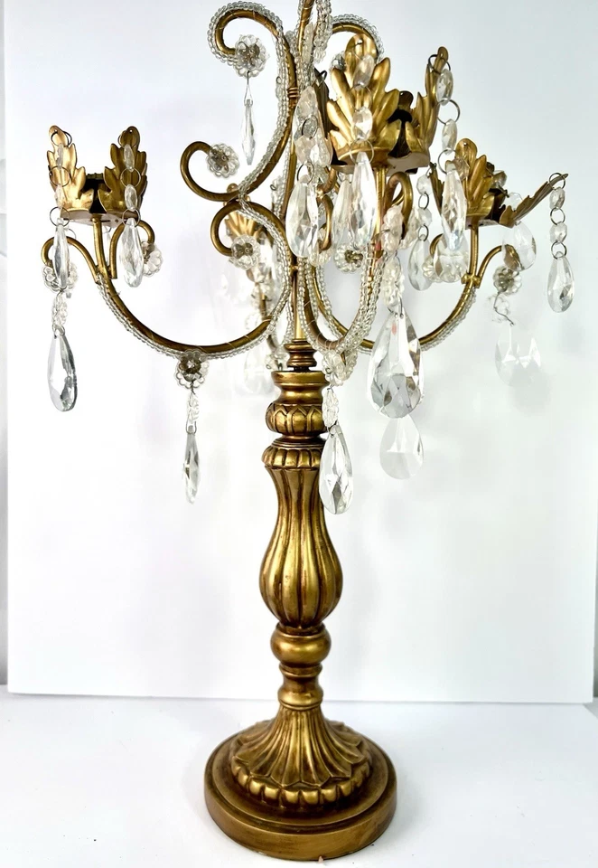 Vintage Gold & Ornate Candelabra With Acrylic Crystal Style Drops - Imagem 3 de 4