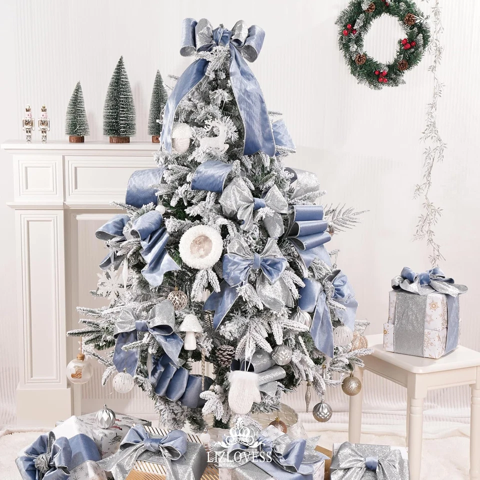 Cinta con cable de terciopelo azul polvoriento con brillo posterior 4 pulgadas azul y plata Navidad Foto 3 de 4