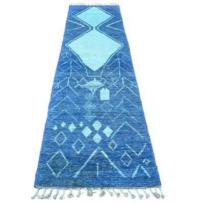 2'10''x10'3'' Blue Geometric Moroccan Weave Wool Hand Knotted Runner Rug R20746