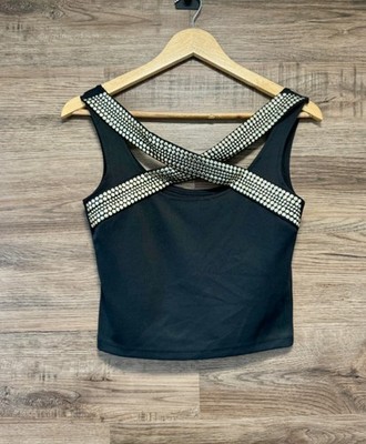 Select Women s Black Crop Top UK 8 Studded Embellished Cross Back Party Night Ou