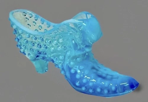 Vintage Fenton Hobnail Glass Blue Opalescent Cat Head Slipper Shoe