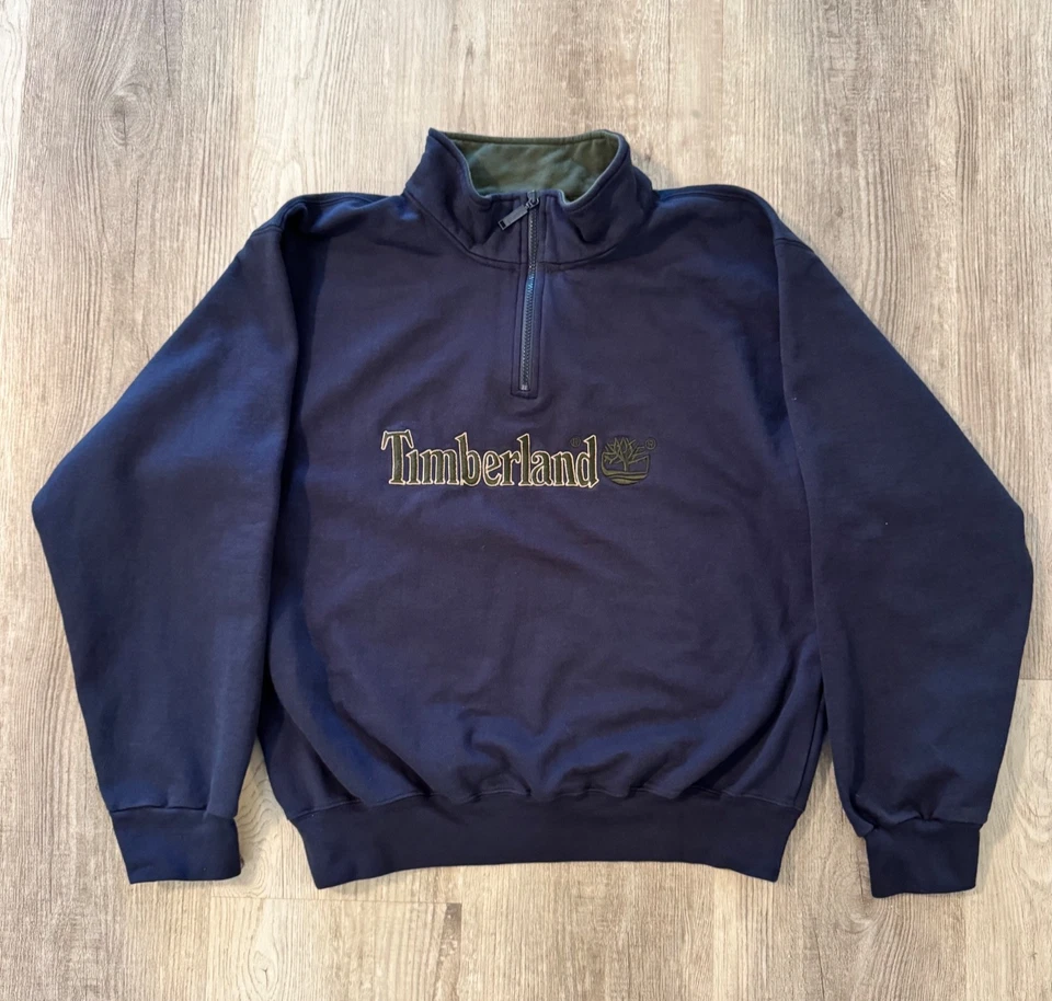 Suéter Vintage Y2K Timberland Masculino Tamanho Grande 1/4 Zíper Azul Verde Logotipo Grande - Imagem 2 de 4
