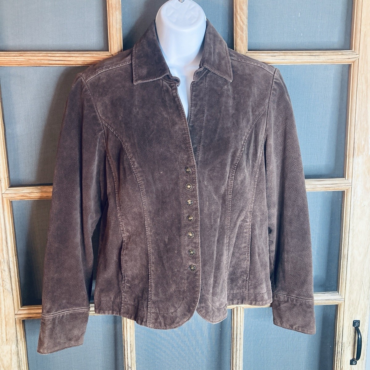 AMI Women's Brown Leather Jacket Size M 18x22 Snaps