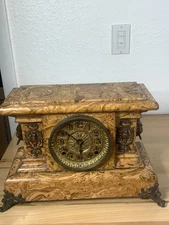 Antique Seth Thomas Pendulum Mantel Clock Lions Head Faux Burlwood Veneer Works